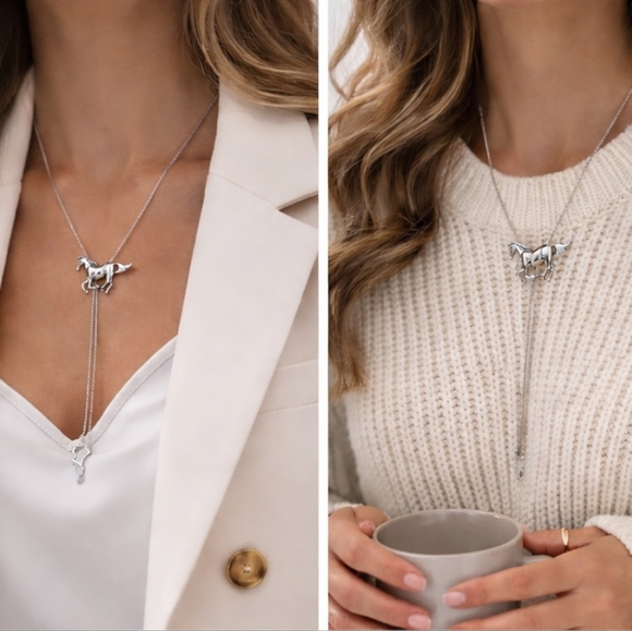 Silver Horse Lariat Necklace | Adjustable Western Equestrian Y Necklace 🐎 - Picture 6 of 7